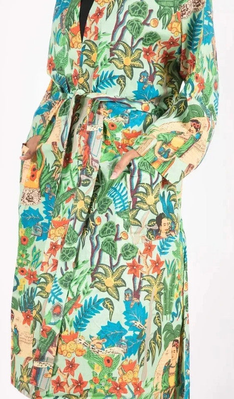 Women's Green Cotton Kimono Robe - Pure Cotton Dressing Gown