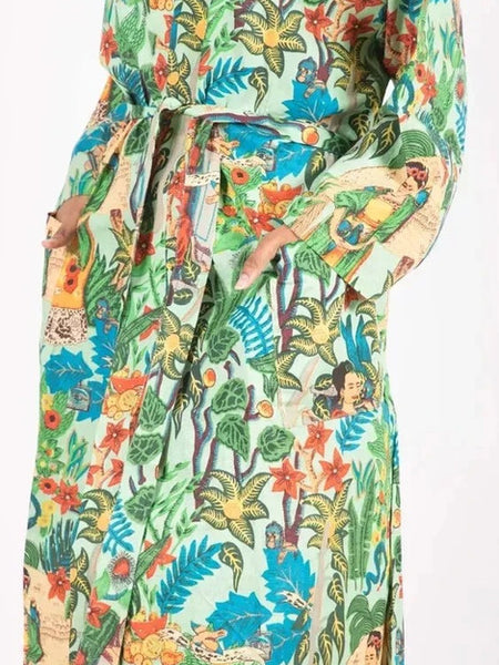 Women's Green Cotton Kimono Robe - Pure Cotton Dressing Gown