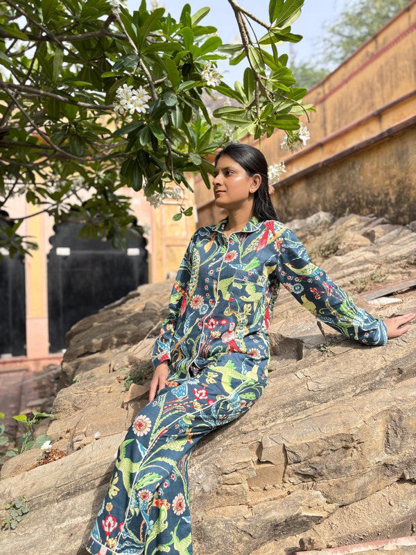 Cotton NAVY BLUE Floral Pajama Set Soft Indian Nightwear for Bridesmaids