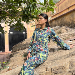 Cotton NAVY BLUE Floral Pajama Set Soft Indian Nightwear for Bridesmaids