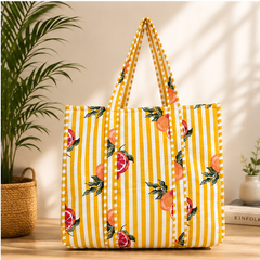 Reversible Quilted Cotton Yellow FloralTote Bag with Interior Pocket - kraafty-com