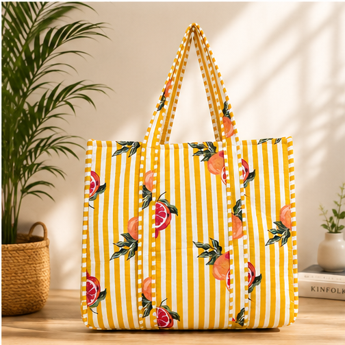 Reversible Quilted Cotton Yellow FloralTote Bag with Interior Pocket - kraafty-com