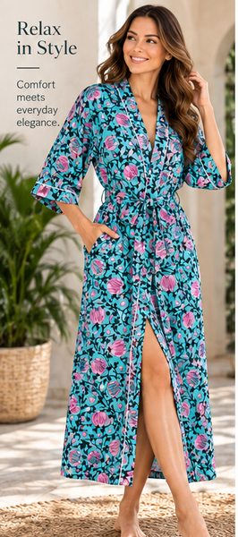 Blue Floral Cotton Kimono Robe, Hand Block Printed - kraafty-com