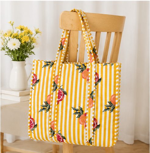 Reversible Quilted Cotton Yellow FloralTote Bag with Interior Pocket - kraafty-com
