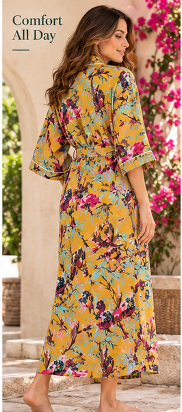 Yellow Floral Cotton Kimono Robe, Hand Block Printed - kraafty-com