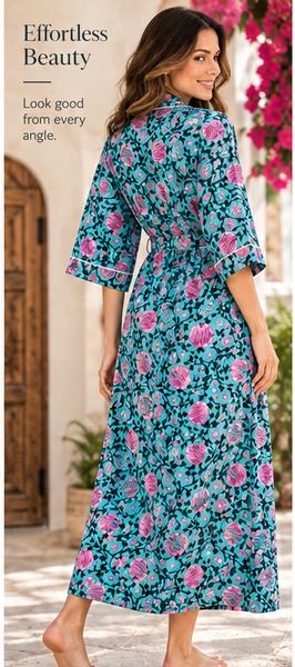 Blue Floral Cotton Kimono Robe, Hand Block Printed - kraafty-com