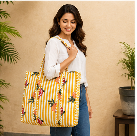 Reversible Quilted Cotton Yellow FloralTote Bag with Interior Pocket - kraafty-com