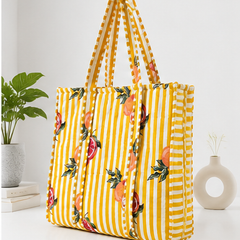 Reversible Quilted Cotton Yellow FloralTote Bag with Interior Pocket - kraafty-com