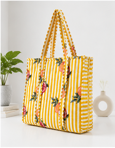 Reversible Quilted Cotton Yellow FloralTote Bag with Interior Pocket - kraafty-com