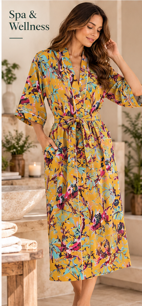 Yellow Floral Cotton Kimono Robe, Hand Block Printed - kraafty-com