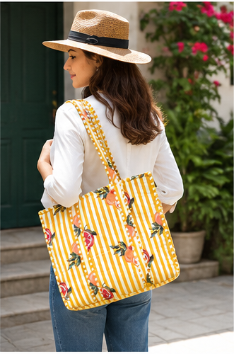 Reversible Quilted Cotton Yellow FloralTote Bag with Interior Pocket - kraafty-com