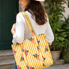 Reversible Quilted Cotton Yellow FloralTote Bag with Interior Pocket - kraafty-com