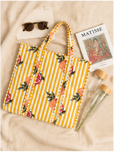 Reversible Quilted Cotton Yellow FloralTote Bag with Interior Pocket - kraafty-com