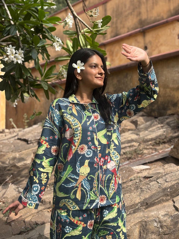 Cotton NAVY BLUE Floral Pajama Set Soft Indian Nightwear for Bridesmaids
