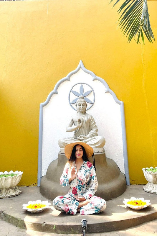 White Floral Cotton Pajama Set - Soft Indian Nightwear | Pure Cotton PJ's & Bridesmaid Gift for Her