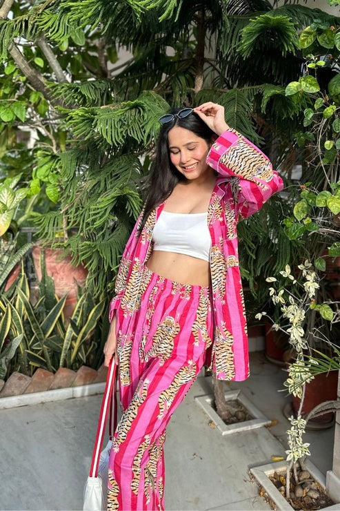 Pink Tiger Print Cotton Pajama Set - Soft Indian Nightwear | Pure Cotton PJ's & Bridesmaid Gift for Her