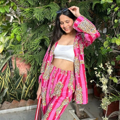 Pink Tiger Print Cotton Pajama Set - Soft Indian Nightwear | Pure Cotton PJ's & Bridesmaid Gift for Her