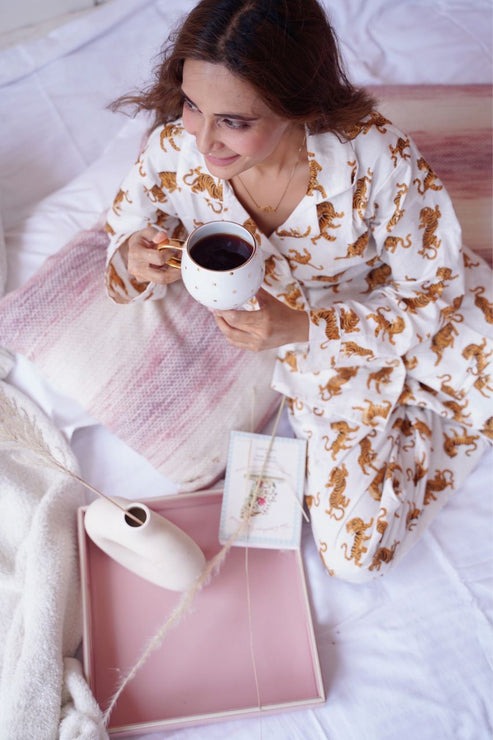 White Tiger Print Cotton Pajama Set - Soft Indian Nightwear | Pure Cotton PJ's & Bridesmaid Gift for Her