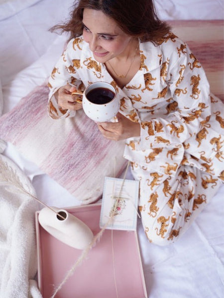 White Tiger Print Cotton Pajama Set - Soft Indian Nightwear | Pure Cotton PJ's & Bridesmaid Gift for Her