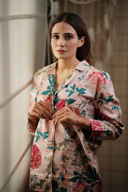 Pink Floral Cotton Pajama Set - Soft Indian Nightwear | Pure Cotton PJ's & Bridesmaid Gift for Her