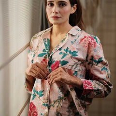 Pink Floral Cotton Pajama Set - Soft Indian Nightwear | Pure Cotton PJ's & Bridesmaid Gift for Her