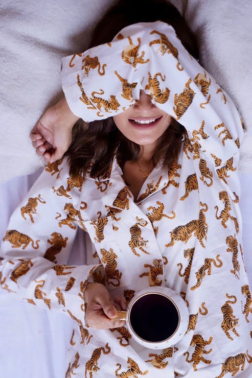 White Tiger Print Cotton Pajama Set - Soft Indian Nightwear | Pure Cotton PJ's & Bridesmaid Gift for Her