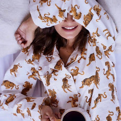 White Tiger Print Cotton Pajama Set - Soft Indian Nightwear | Pure Cotton PJ's & Bridesmaid Gift for Her