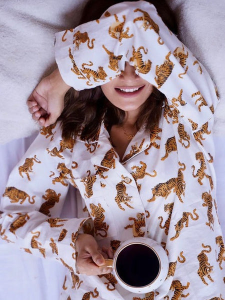 White Tiger Print Cotton Pajama Set - Soft Indian Nightwear | Pure Cotton PJ's & Bridesmaid Gift for Her