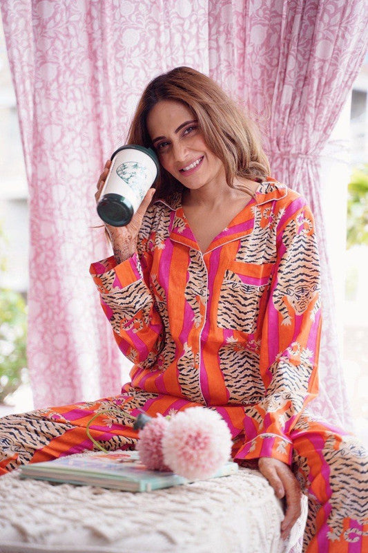 Pure Cotton Pajama Set - Soft Indian Nightwear | Bridesmaid Gift PJ's in Orange Tiger Print