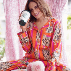 Pure Cotton Pajama Set - Soft Indian Nightwear | Bridesmaid Gift PJ's in Orange Tiger Print