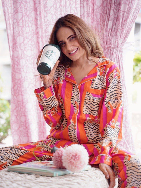 Pure Cotton Pajama Set - Soft Indian Nightwear | Bridesmaid Gift PJ's in Orange Tiger Print