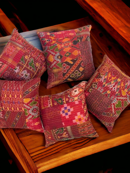 Handmade Indian Embroidered Patchwork Cotton Cushion Cover - 16x16 Inch (40x40 cm) - Artisan Home Decor for Sofa, Couch, Floor, Meditation & Ottoman - 2