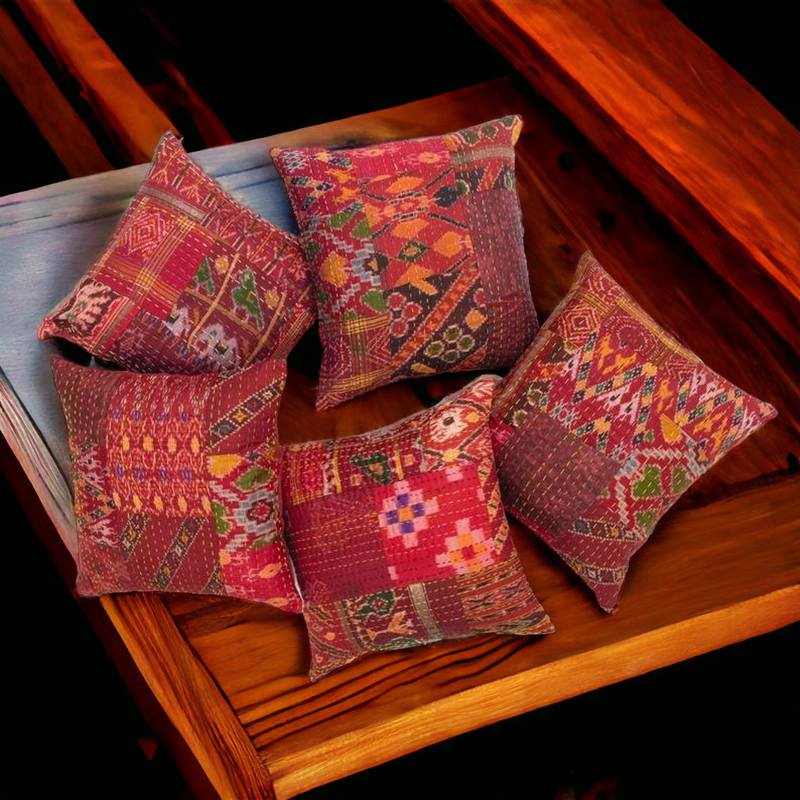 Handmade Indian Embroidered Patchwork Cotton Cushion Cover - 16x16 Inch (40x40 cm) - Artisan Home Decor for Sofa, Couch, Floor, Meditation & Ottoman - 2