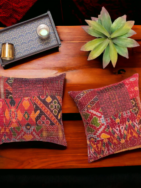 Handmade Indian Embroidered Patchwork Cotton Cushion Cover - 16x16 Inch (40x40 cm) - Artisan Home Decor for Sofa, Couch, Floor, Meditation & Ottoman - 2