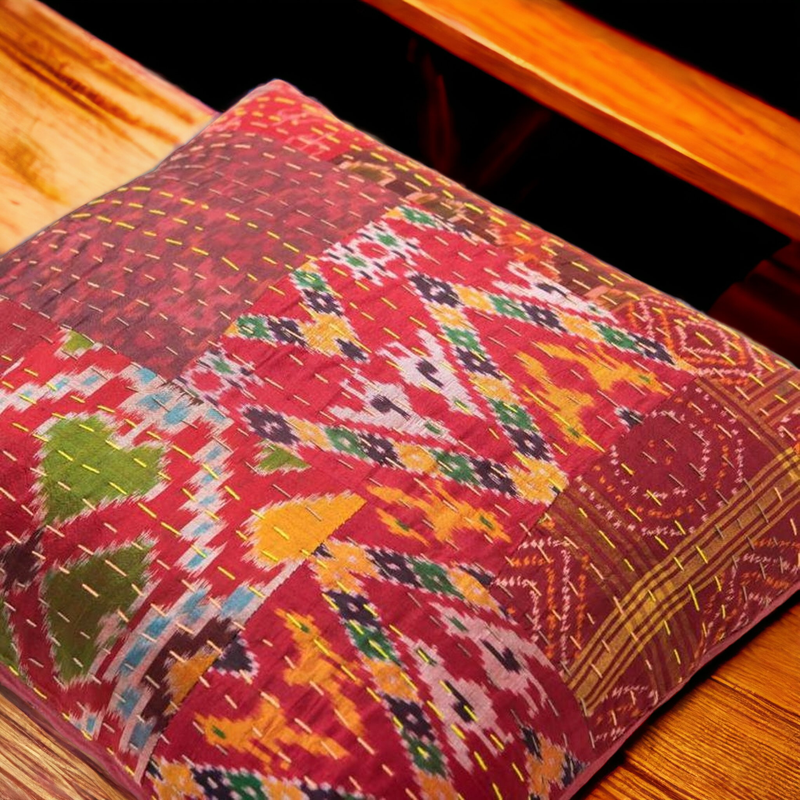 Handmade Indian Embroidered Patchwork Cotton Cushion Cover - 16x16 Inch (40x40 cm) - Artisan Home Decor for Sofa, Couch, Floor, Meditation & Ottoman - 2