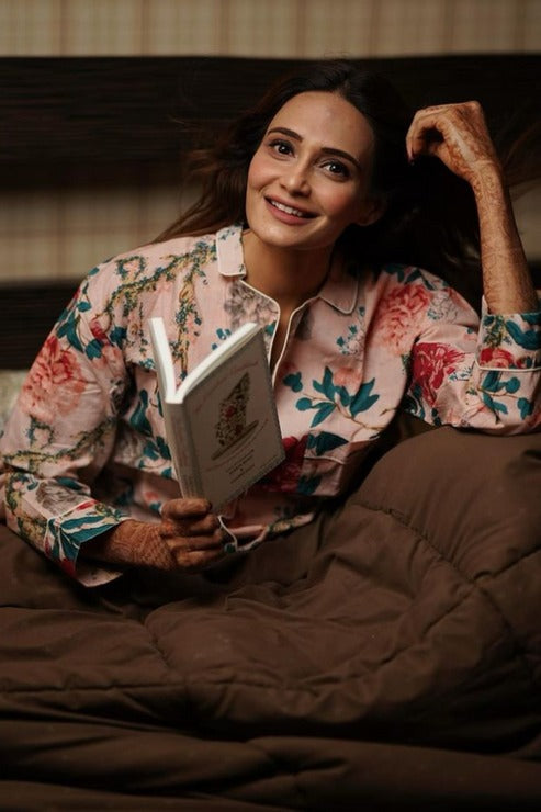 Pink Floral Cotton Pajama Set - Soft Indian Nightwear | Pure Cotton PJ's & Bridesmaid Gift for Her