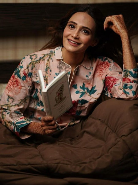 Pink Floral Cotton Pajama Set - Soft Indian Nightwear | Pure Cotton PJ's & Bridesmaid Gift for Her