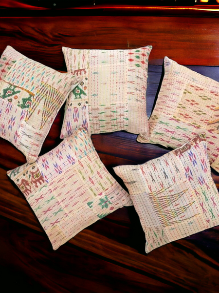 Handmade Indian Embroidered Patchwork Cotton Cushion Cover - 16x16 Inch (40x40 cm) - Artisan Home Decor for Sofa, Couch, Floor, Meditation & Ottoman - 1