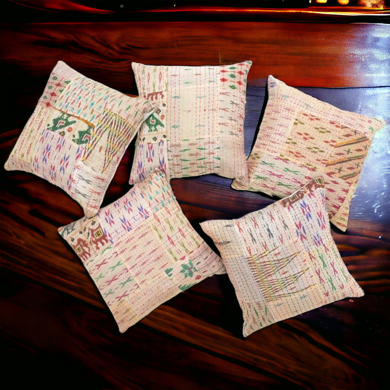 Handmade Indian Embroidered Patchwork Cotton Cushion Cover - 16x16 Inch (40x40 cm) - Artisan Home Decor for Sofa, Couch, Floor, Meditation & Ottoman - 1