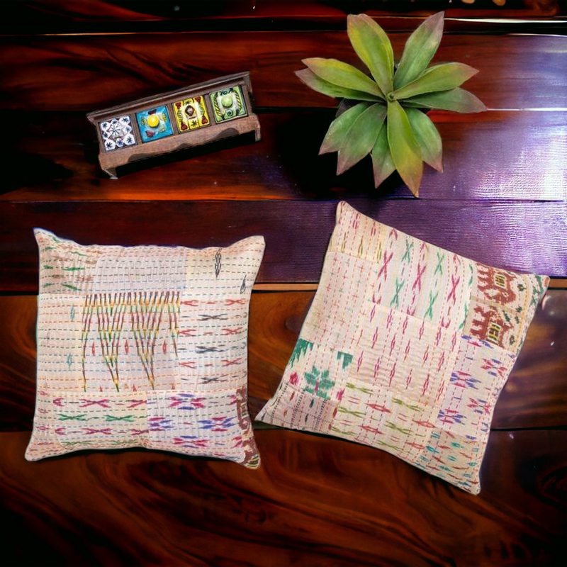 Handmade Indian Embroidered Patchwork Cotton Cushion Cover - 16x16 Inch (40x40 cm) - Artisan Home Decor for Sofa, Couch, Floor, Meditation & Ottoman - 1