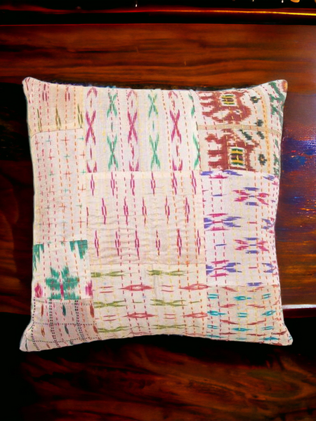 Handmade Indian Embroidered Patchwork Cotton Cushion Cover - 16x16 Inch (40x40 cm) - Artisan Home Decor for Sofa, Couch, Floor, Meditation & Ottoman - 1