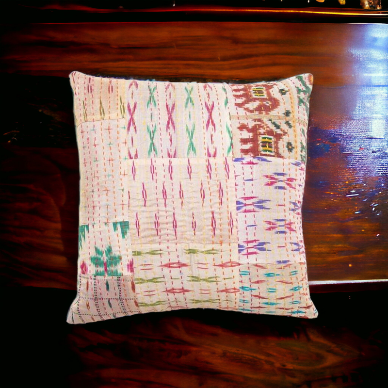 Handmade Indian Embroidered Patchwork Cotton Cushion Cover - 16x16 Inch (40x40 cm) - Artisan Home Decor for Sofa, Couch, Floor, Meditation & Ottoman - 1