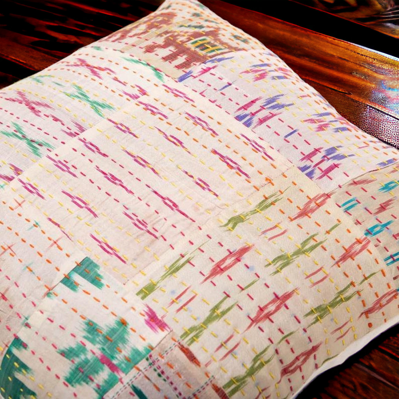 Handmade Indian Embroidered Patchwork Cotton Cushion Cover - 16x16 Inch (40x40 cm) - Artisan Home Decor for Sofa, Couch, Floor, Meditation & Ottoman - 1