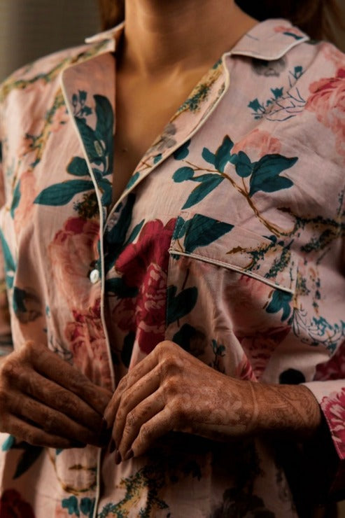 Pink Floral Cotton Pajama Set - Soft Indian Nightwear | Pure Cotton PJ's & Bridesmaid Gift for Her