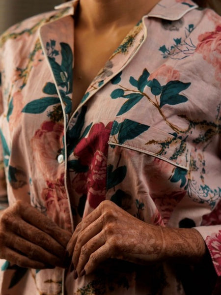 Pink Floral Cotton Pajama Set - Soft Indian Nightwear | Pure Cotton PJ's & Bridesmaid Gift for Her