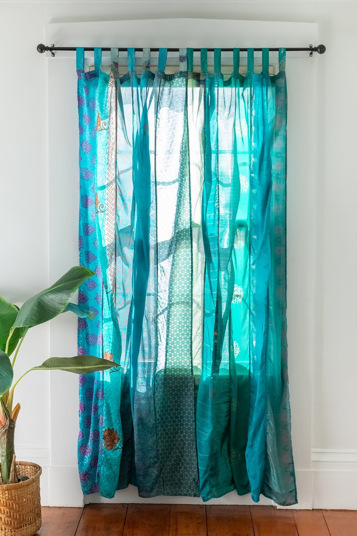 Vintage Silk Sari Curtain – Handmade Boho Curtain Panel for Turquoise Living Room & Bedroom