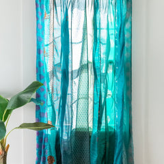 Vintage Silk Sari Curtain – Handmade Boho Curtain Panel for Turquoise Living Room & Bedroom