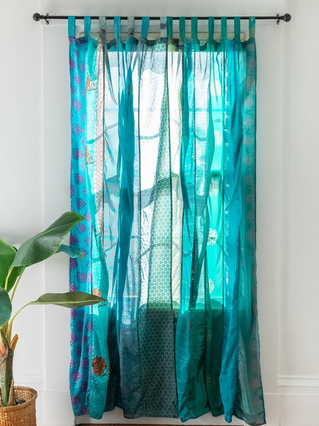 Vintage Silk Sari Curtain – Handmade Boho Curtain Panel for Turquoise Living Room & Bedroom