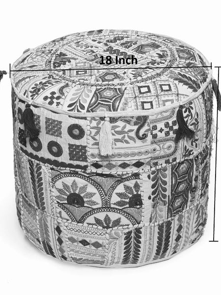 Handmade Bohemian Patchwork Cotton Ottoman Pouf Cover - Multicolor Traditional Khambariya Embroidered Indian Floor Pillow, Vintage Footstool, Hippie Gypsy Home Decor - 5