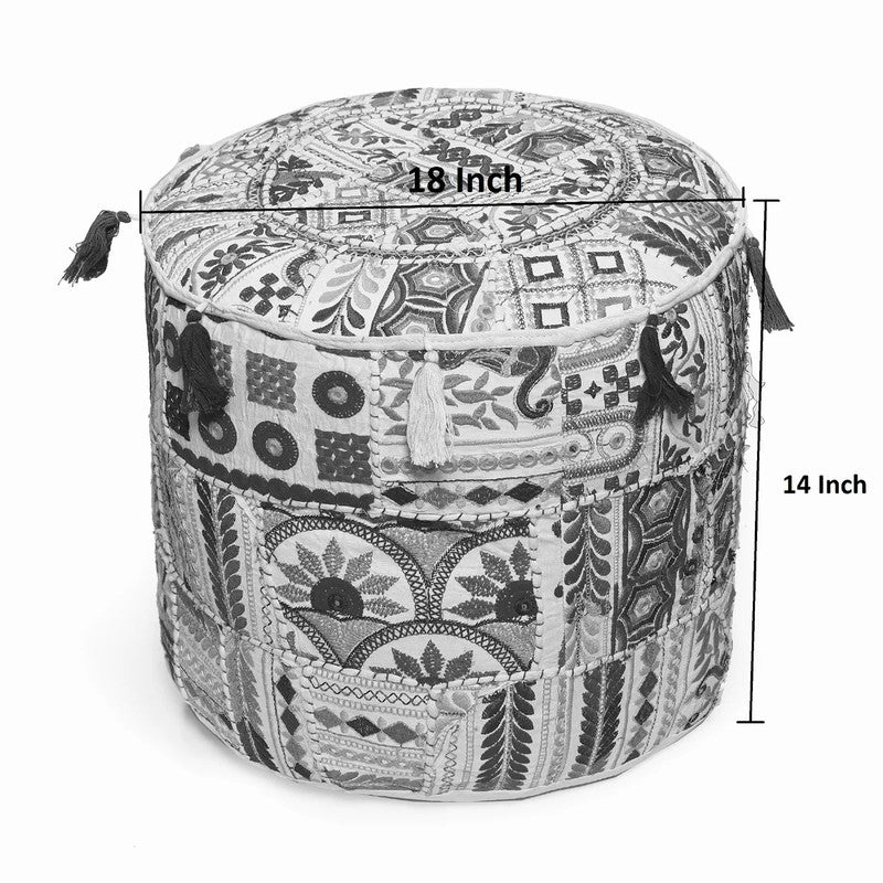 Handmade Bohemian Patchwork Cotton Ottoman Pouf Cover - Multicolor Traditional Khambariya Embroidered Indian Floor Pillow